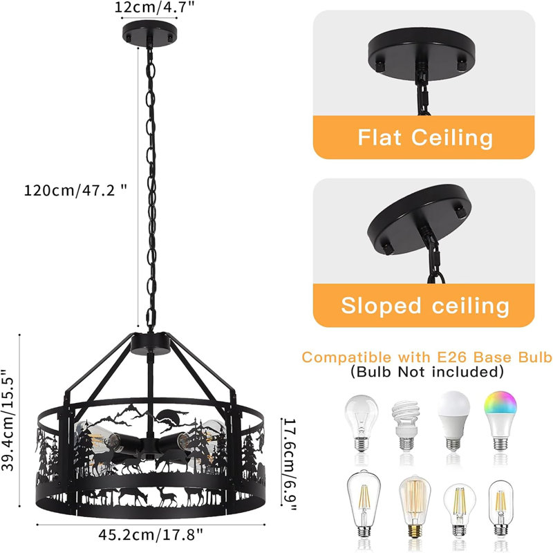 Lustre rustique de style campagnard avec un design d'ours et de cerf, luminaire suspendu de plafond réglable à 4 lumières pour la salle à manger, la cuisine, la cabane, le pavillon ou le vestibule