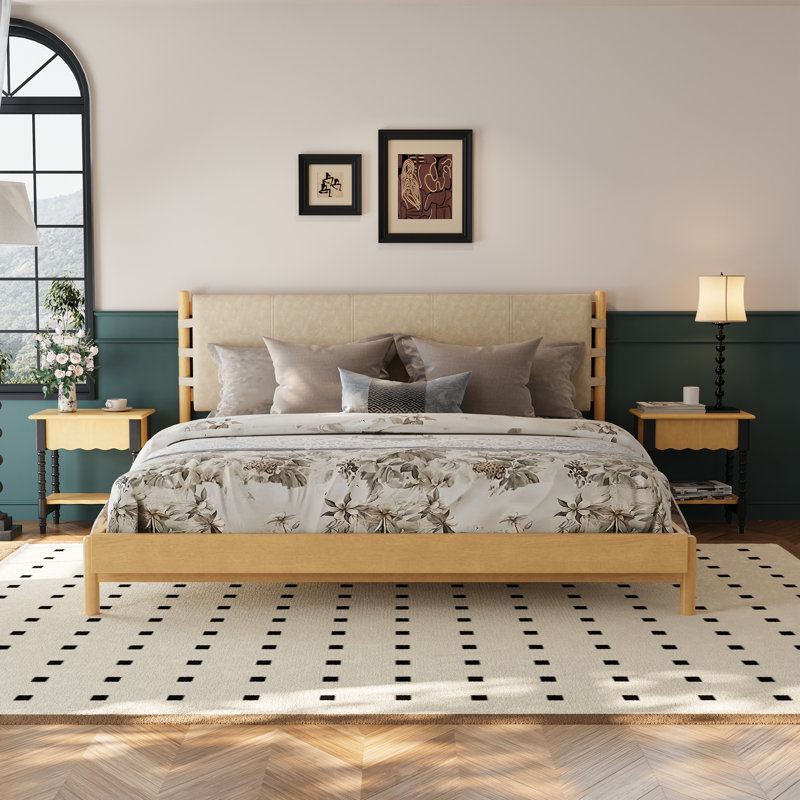 Larkston Mid-Century Modern Rubber Wood Platform Bed With Faux Leather Headboard, Beige/Natural, King