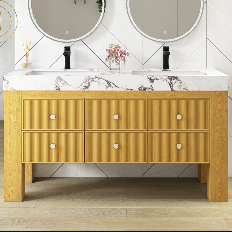 Meuble-lavabo autoportant de 60 po avec comptoir en pierre frittée à texture mauve et deux lavabos en céramique