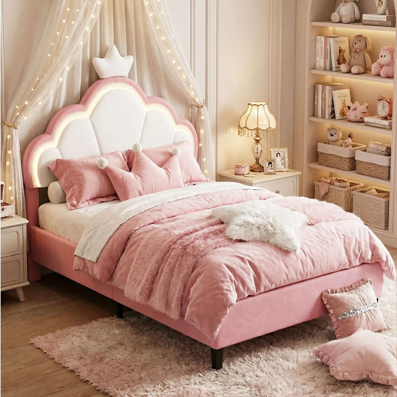 UK Single & Double Upholstered Princess Bed With LED Crown Headboard, Pink & White Velvet, Single (3')