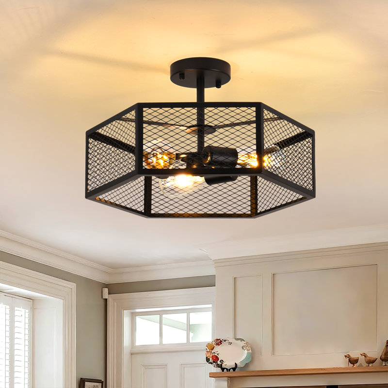 3-Light Farmhouse Drum Black Caged Semi Flush Mount