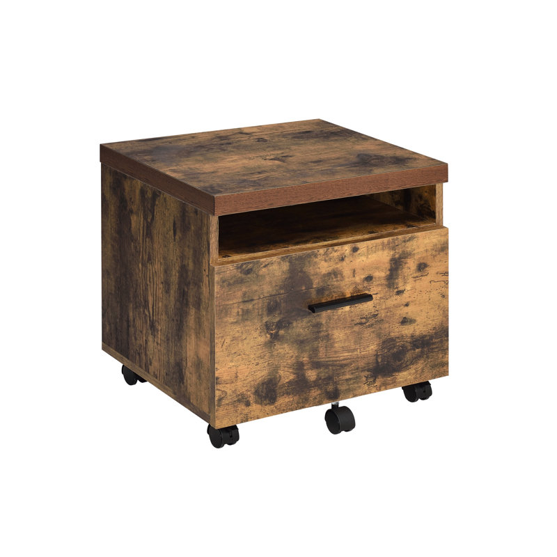 Classeur rectangulaire en chêne vieilli et noir - assemblé, plateau en bois, pieds en métal, compartiment verrouillé avec rangement, serrure et tiroir