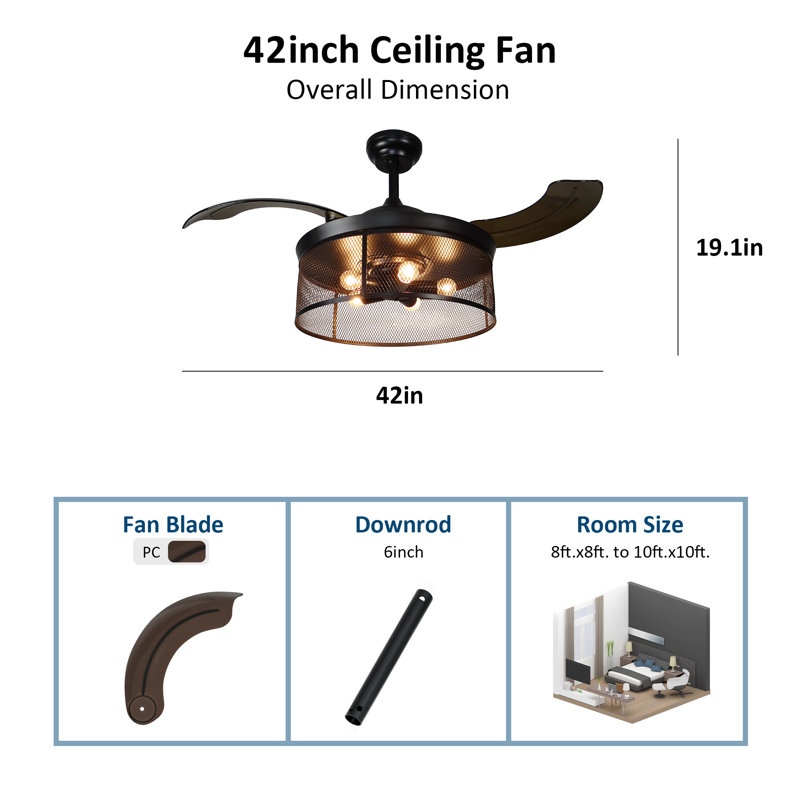 Ventilateur de plafond 42 po à 3 pales rétractables avec commande murale et ensemble d'éclairage inclus Mirya