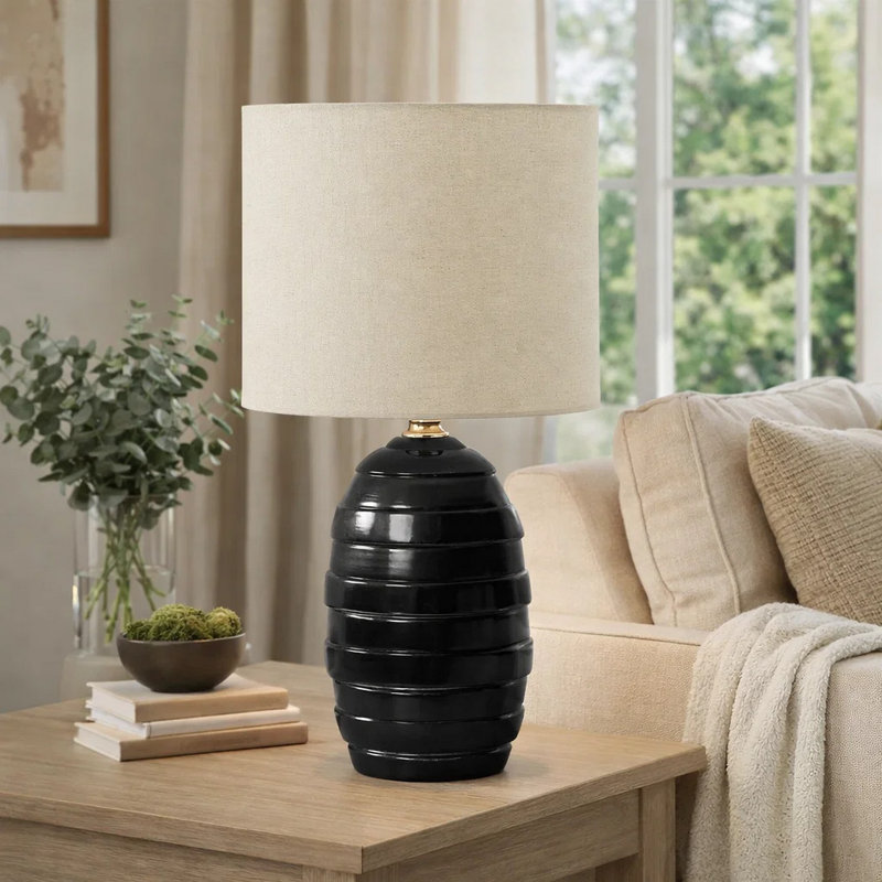 Lena Table Lamp, Black Beehive Ceramic Base, Beige Drum Shade, 17 Inch, Black