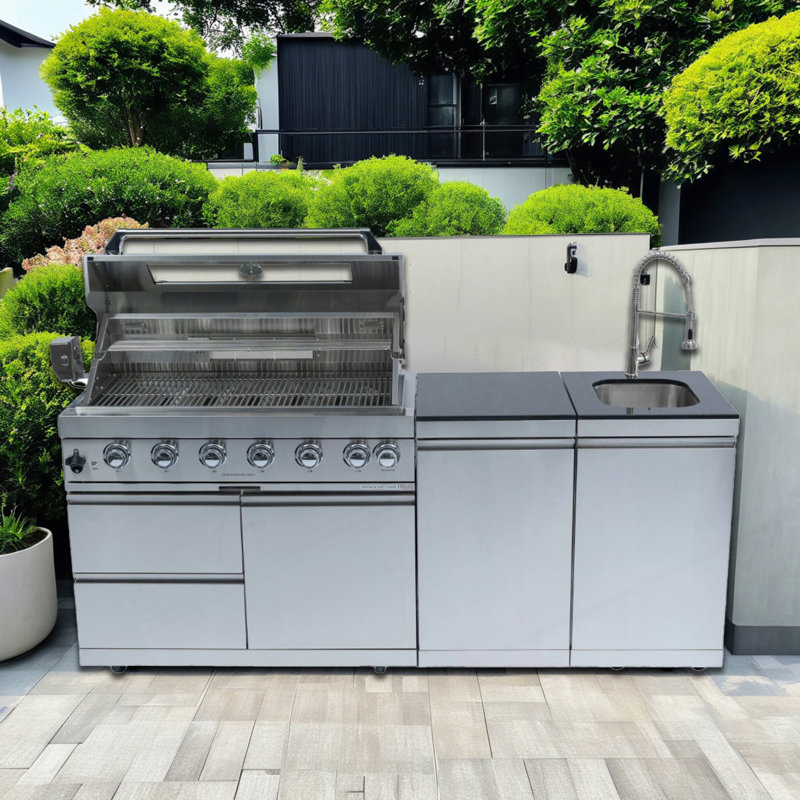 82-Inch 6-Burner 85000 BTU Deluxe Stainless Steel Gas Outdoor Kitchen Bar Barbecue Island Grill  + Rotisserie + Granite Countertops + Storage Cabinets & Drawers + Stainless Steel Sink/Faucet