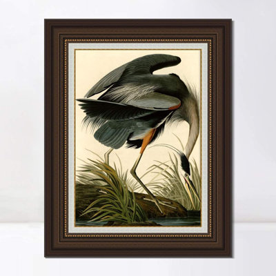 Art numérique sur toile encadrée, "Grand héron bleu" par John James Audubon, art mural, décorations de bureau à domicile (cadre brun foncé avec doublure en lin, 24 po x 32 po)