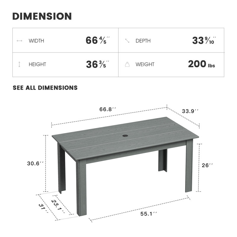 Table de salle à manger rectangulaire en PEHD pour l'extérieur avec trou pour parasol, Gris