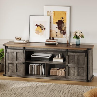 Meuble télé Farmhouse pour téléviseur de 75 pouces, centre de divertissement avec armoires de rangement et portes de grange coulissantes