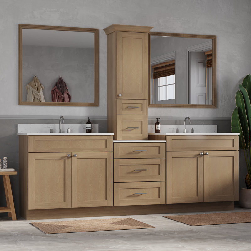 Meuble-lavabo double 96 po avec comptoir en bois massif et comptoir, Chêne naturel