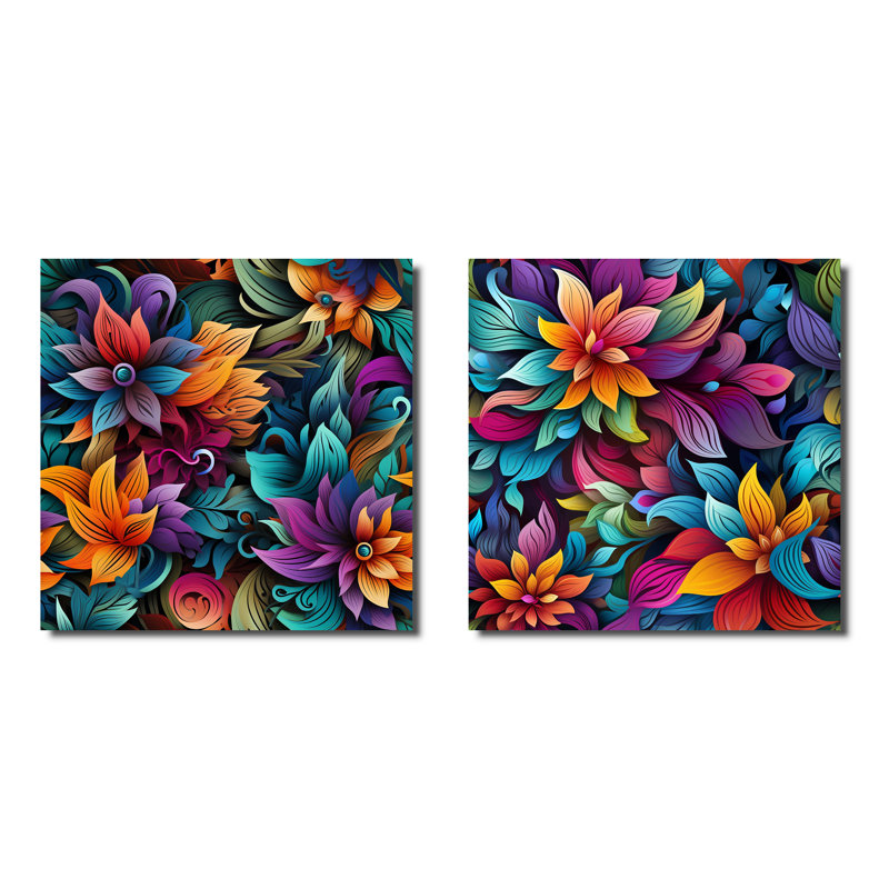 Vibrant Mandala Motif Boho III - Ensemble de 2 collages floraux et botaniques carrés, Toile tendue, H 16 po x l 33 po
