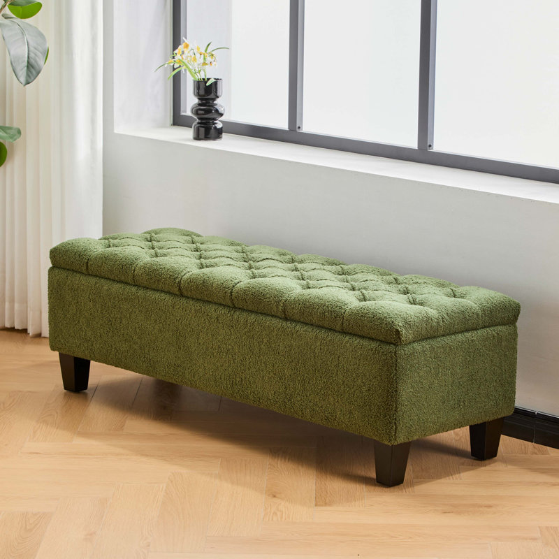 Banc repose-pieds avec rangement, surface bouclée verte, pieds en bois d'hévéa, capacité de 300 lb