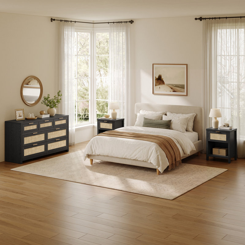 Ensemble de chambre à coucher 3 pièces avec rangement en rotin (commode 7 tiroirs + 2 tables de chevet)