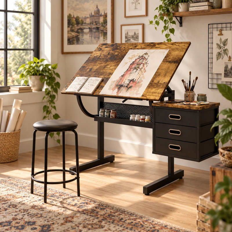 Table à dessin noire ajustable avec tabouret et tiroirs de rangement