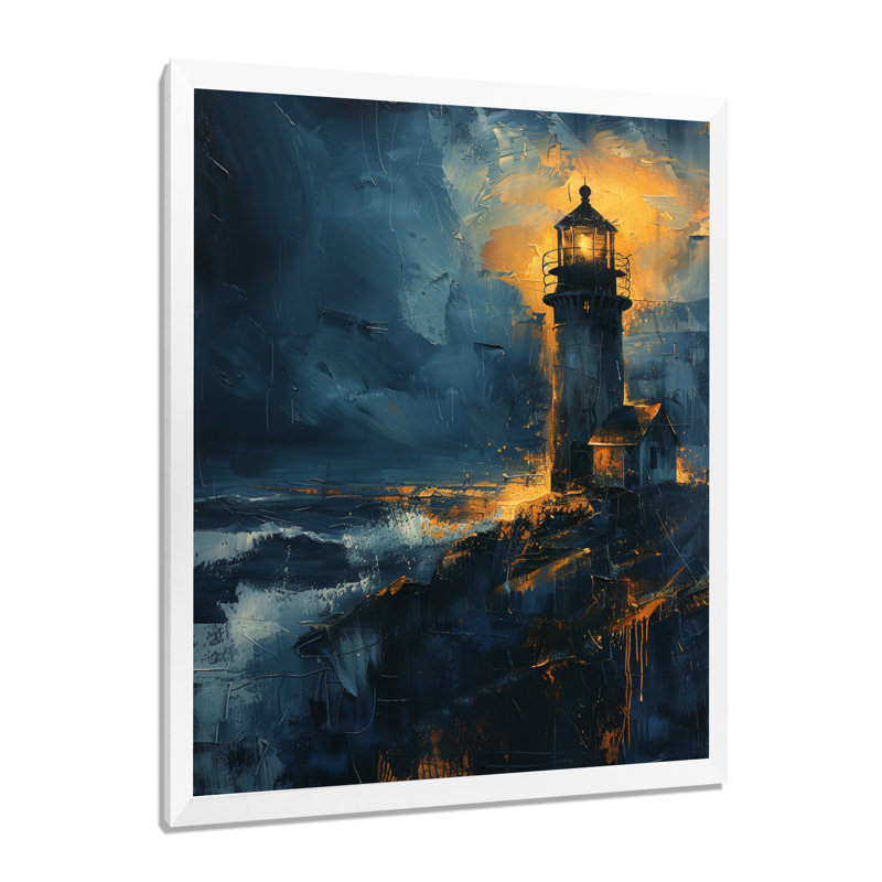 Décoration murale phare noir et bleu clair d'hiver, H 30 po x l 40 po, Cadre simple blanc