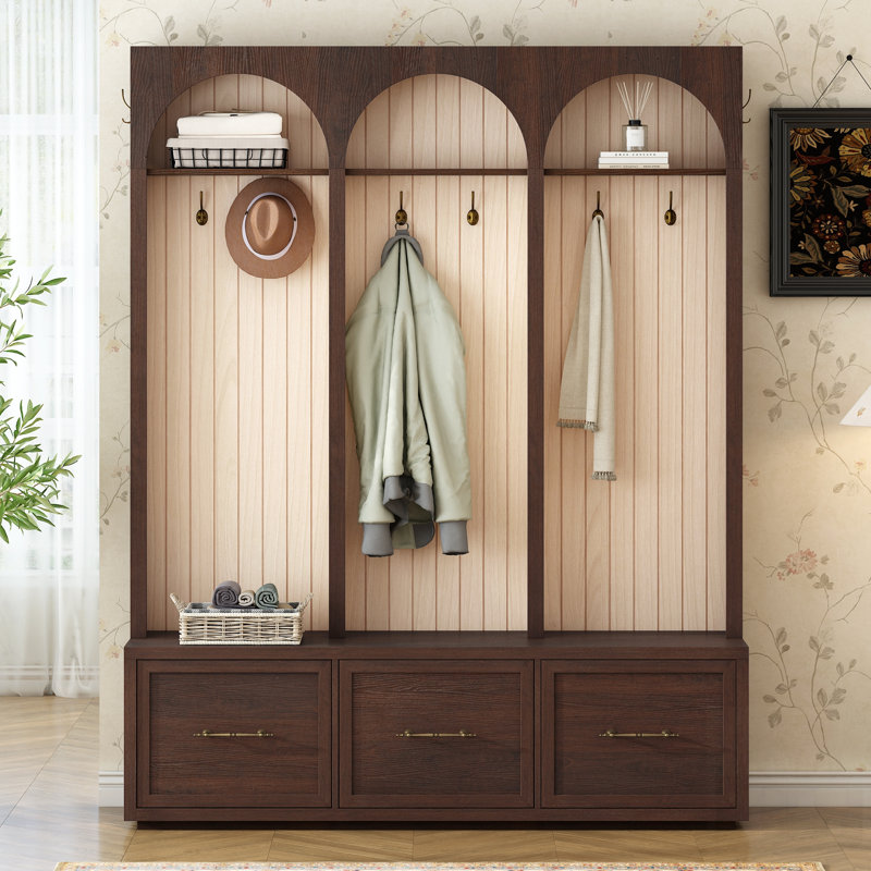 Farmhouse Wooden Style Hall Tree With Arched Design, Elegant Entryway Bench With Retro Hooks, Rustic Coat Rack & Shoe Organizer With Drawers For Living Room