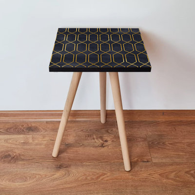 Table d'appoint moderne, bleu marine et or, 13,8 po x 16,5 po x 13,8 po | 100% panneau de fibres à densité moyenne avec 0,7 pouce d'épaisseur, pieds en bois de hêtre | Design géométrique élégant pour le salon, la chambre à coucher ou le bureau, pièce décorative élégante et fonctionnelle