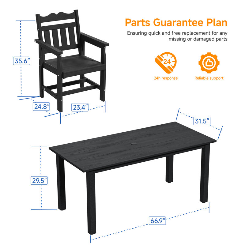  7 PCS Outdoor Dining Set with Umbrella Hole, HIPS All Weather Patio Table and 6 Chairs, Ergonomic Seats for Patio, Yard, Poolside