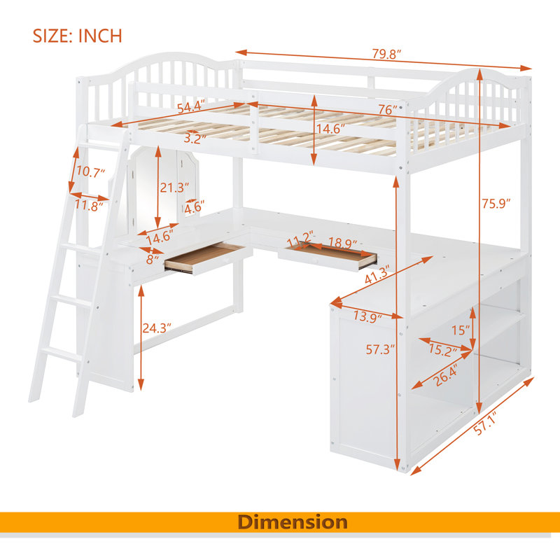 Full Wooden Loft Bed With U-Shaped Desk, White