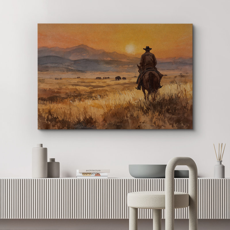 Western Cowboy Sunset, impression sur toile - décor de paysage de prairie rustique pour chalet ou salon, H 32 po x l 48 po