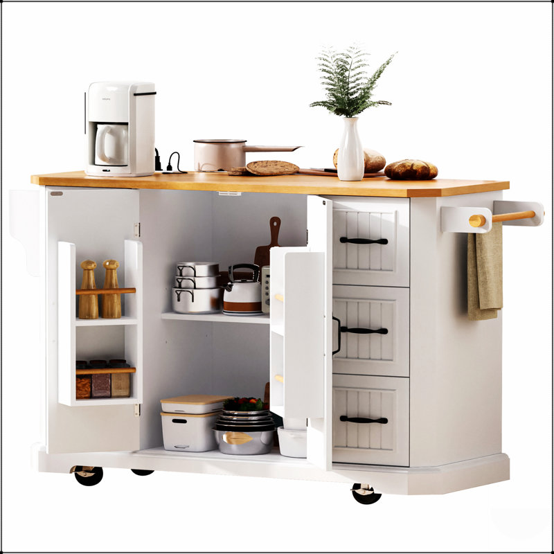 56 Inch Rolling Kitchen Island With Drop Leaf, Power Outlet, And Ample Storage, Perfect For Modern Kitchens And Dining Rooms