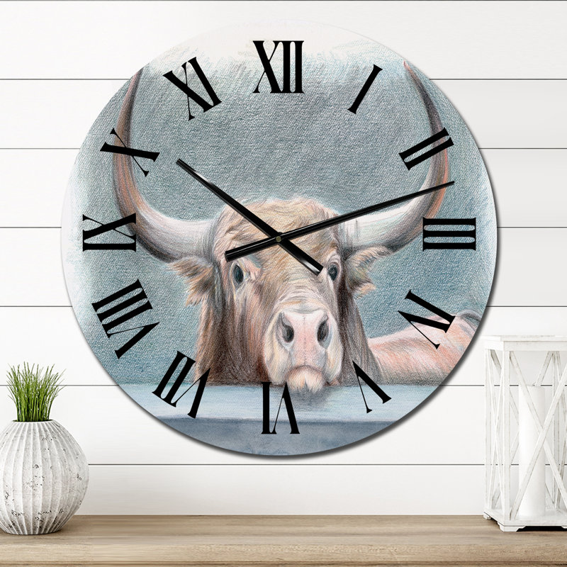 Big Bull avec des cornes derrière un muret - Horloge murale traditionnelle, Petit