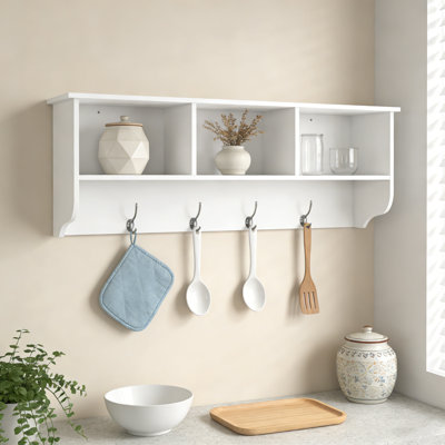 Portemanteau mural blanc avec 4 crochets doubles et tablette de rangement en bois