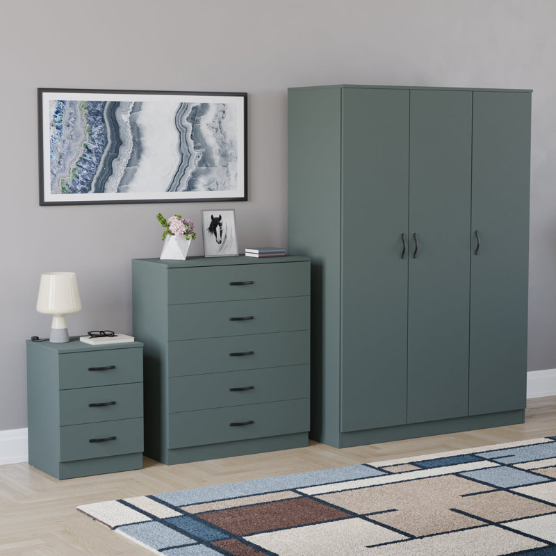 Maybery 3 Piece Bedroom Set (3 Drawer Bedside Chest, 5 Drawer Chest, 3 Door Wardrobe), (5), Green
