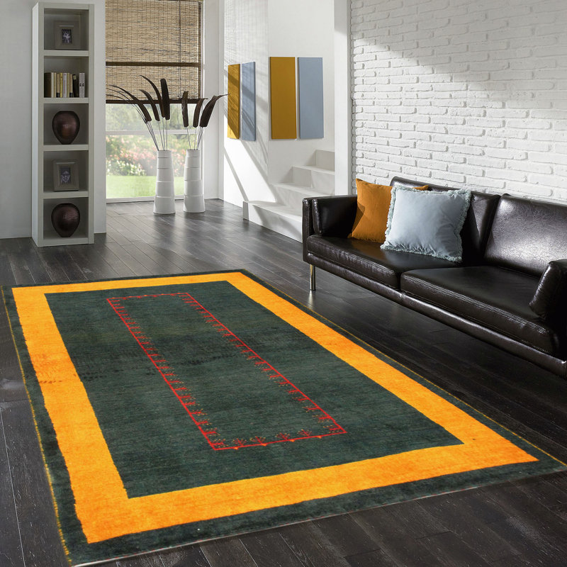 Hand-Knotted Dark Green and Yellow Wool Area Rug