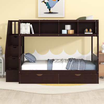 Twin Over Full Bunk Bed with Storage Staircase, Shelves & 2 Drawers, Solid Pine Kids Bed, Espresso