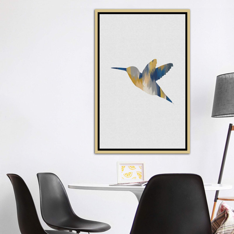 Colibri bleu et jaune I - impression d'art graphique, H 60 po x l 40po x P 1,5 po, Toile encadrée d'or