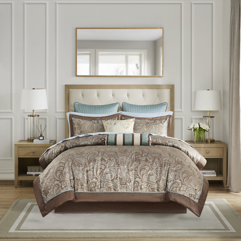Ensemble d'édredon avec draps en coton de 12 pièces Aubrey, Bleu/brun, Édredon pour lit double + 11 pièces supplémenta