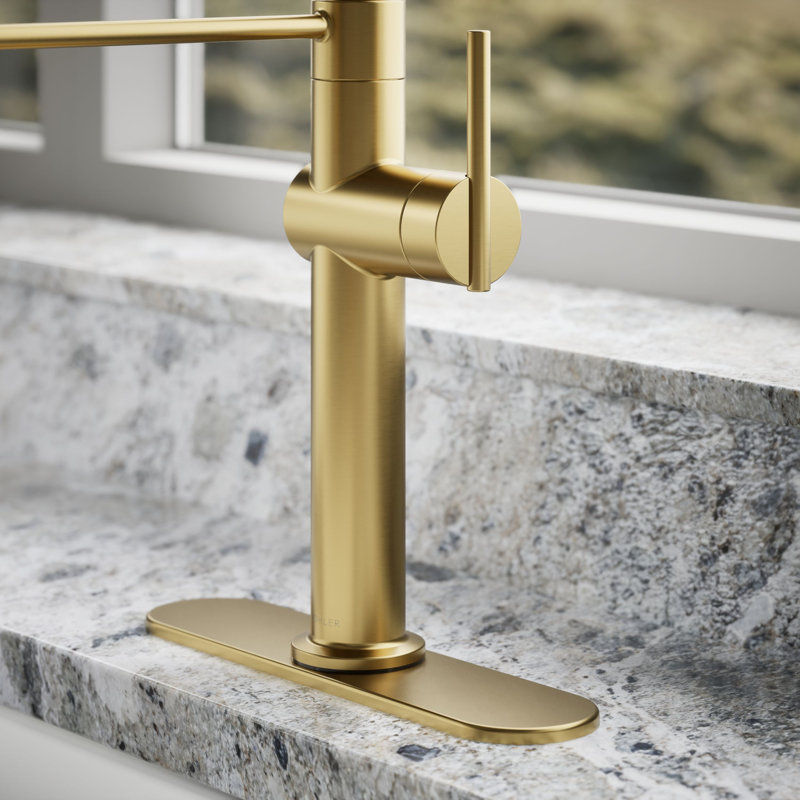 Kohler Crue Single Handle Semi-Professional Pre-Rinse Kitchen Faucet with Three-Function Pull Down Sprayer, Brass