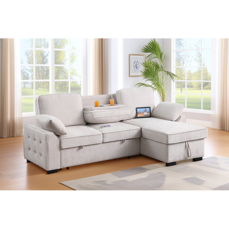 Ebern Designs 91inch Upholstered Pull Out Sleeper Sectional Sofa With Convertible Storage Chaise, Beige Polyester Blend