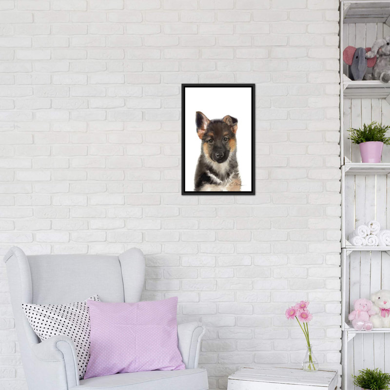 Chiot berger allemand par Watercolor Luv - reproduction d'art, Pas de tapis, Toile avec cadre noir patiné