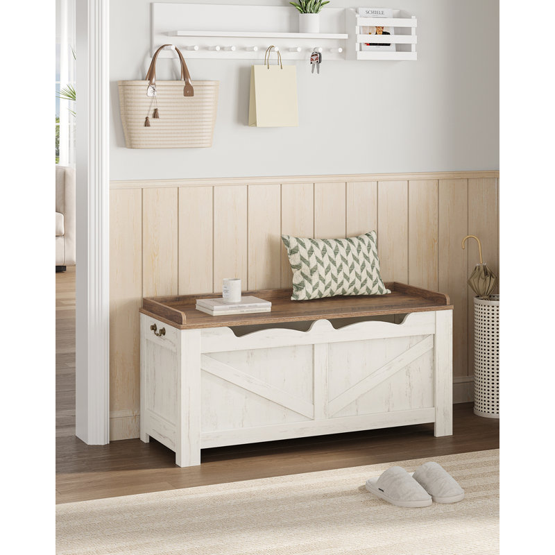 39.4" Storage Chest, Extra Large Storage Trunk with 2 Hinges, Wooden Box Bench, Lift-Top Organizer Chest, Shoe Bench for Entryway, Bedroom, Living Room, Rustic White and Brown