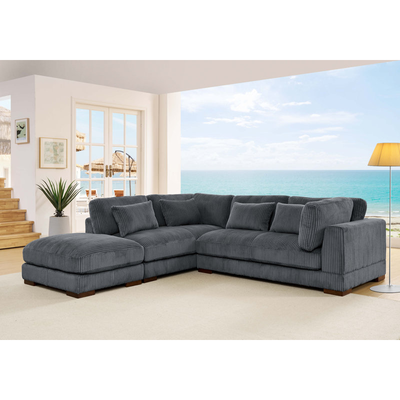 Beeston 107" Wide Sofa and Chaise with Ottoman, Gray Corduroy, Left Hand Facing