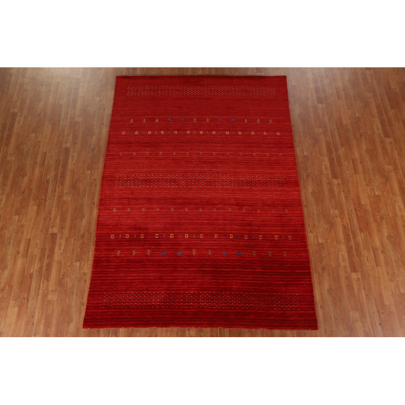 Tapis rouge en laine noué à la main de conception unique 6 pi 9 po x 9 pi 7 po New Age
