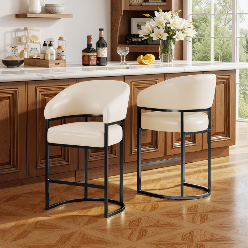 26" Counter Height Bar Stools,White PU Leather Black Metal Base, White Faux Leather, Black