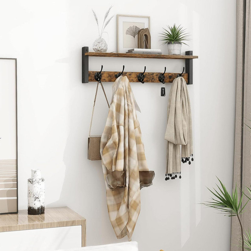 24'' Rustic Brown Wall Mounted Coat Rack with Shelf and Black Hooks