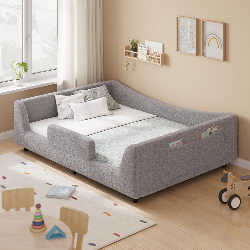 Floor Bed, Low Montessori 2-In-1 Convertible Beds, With Slats And High Rails, Upholstered Teddy Boucle, Curve Round Frame, No Box Spring Needed, Easy Assemble, Beige
