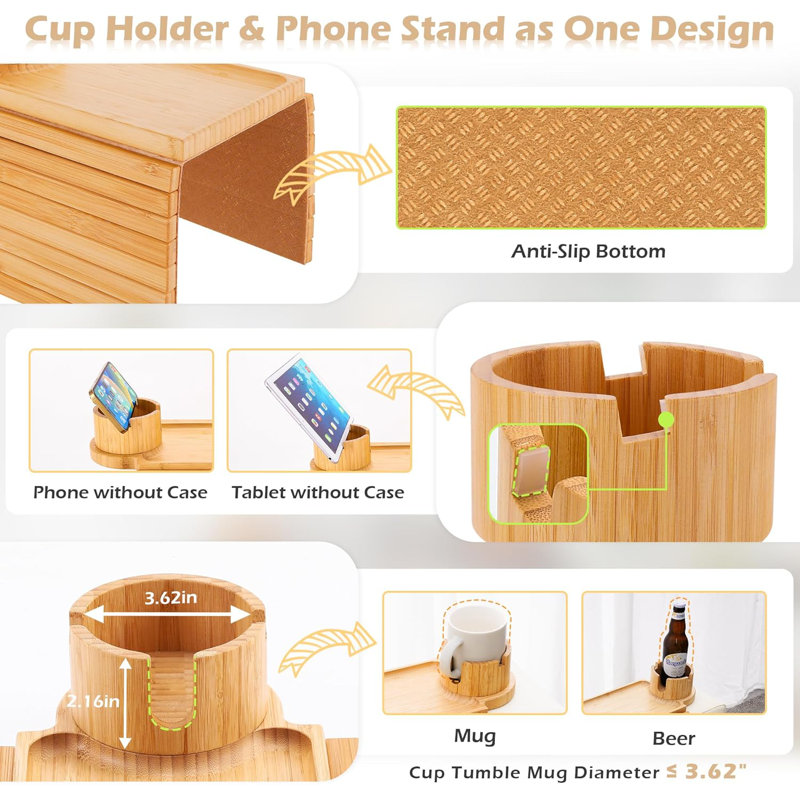 Couch Cup Holder Tray, 3 in 1 Couch Arm Trays