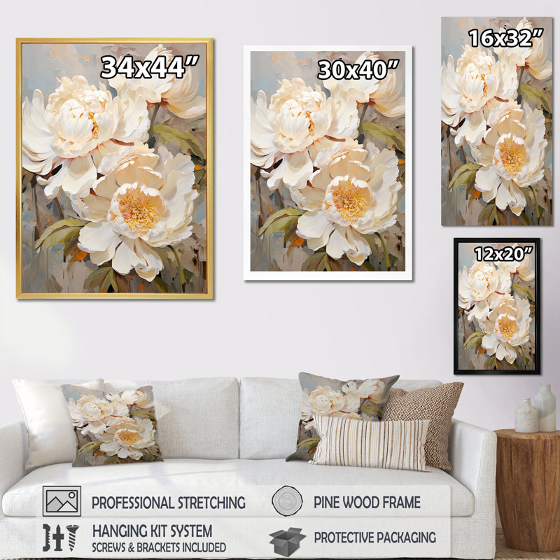 «Beige fragrant pivoine» sur toile, Toile tendue, H 32 po x l 24 po x P 1 po