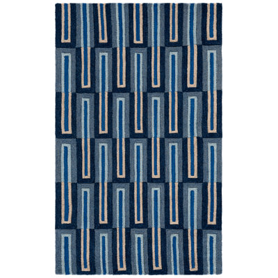 Kabena Hand Tufted Wool/Cotton Geometric Rug in Ivory/Blue