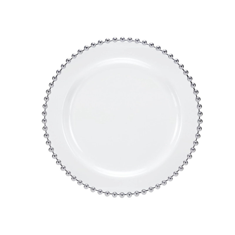 Assiette plate ronde blanche perlée argentée de 10,5 pouces Ecoqualité - pour les mariages, les fêtes, la restauration et les buffets (10)