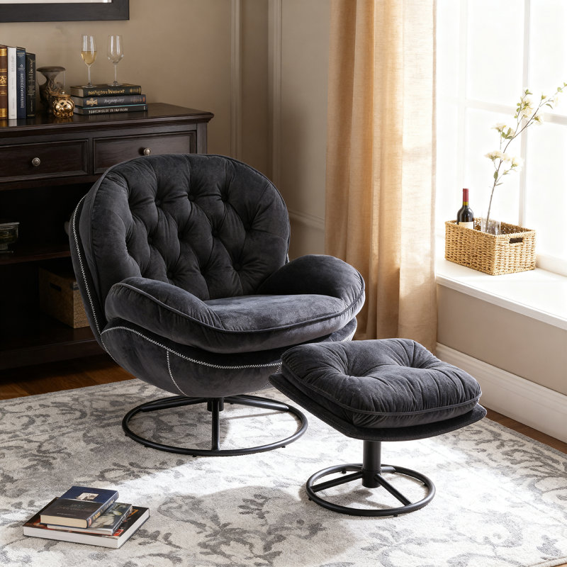 Anouk Tufted Back Type Swivel Base Accent Chair with Ottoman, Black Velvet