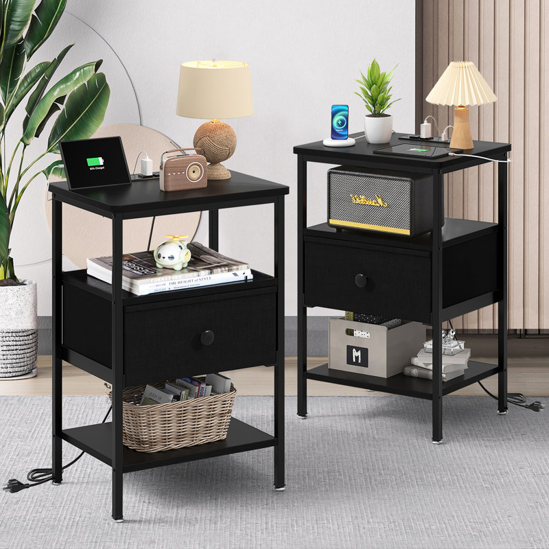 Ensemble de 2 tables de chevet, tables de bout avec station de charge, tables de chevet noires avec tiroirs en tissu, petite commode à tiroirs en tissu, ensemble de 2 tables de chevet hautes pour petits espaces, salon, chambre à coucher