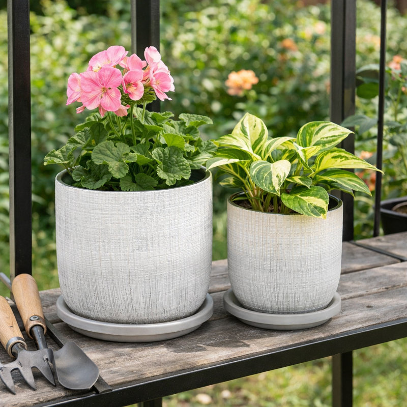 Modern Outdoor Planters with Saucer for Home Decor and Living Room - Textured Indoor Flower Pot For Patio Styling- Set Of 2, 6", 5"