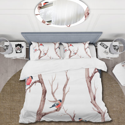 «Little Birds On The Tree Branches III» - Ensemble de housse de couette traditionnel - Microfibre de polyester