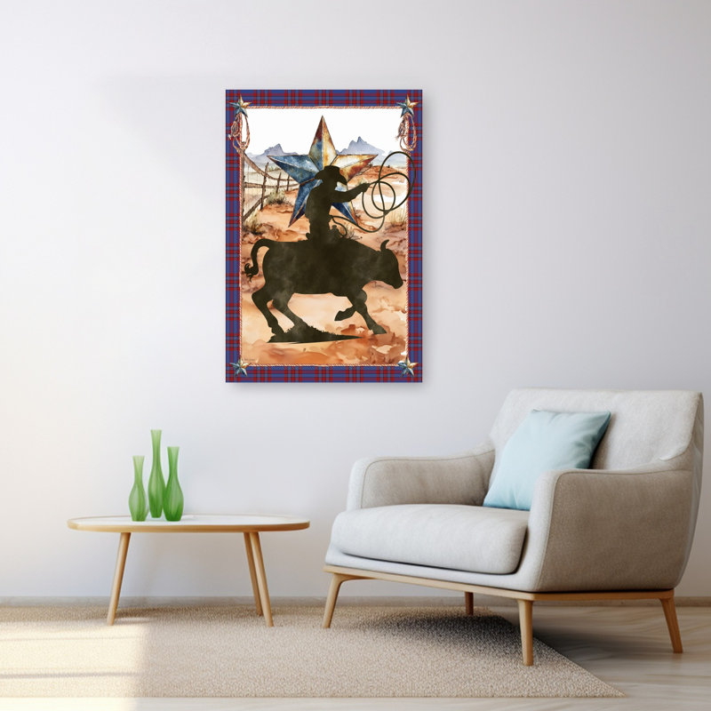 Western Cowboy sur taureau abstrait, art mural contemporain, H 48 po x l 32 po
