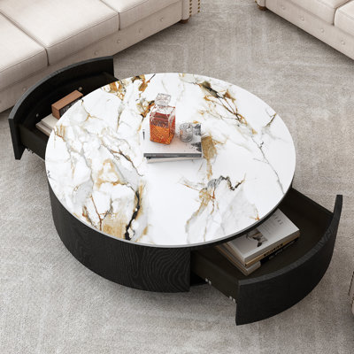 Table basse rustique ronde avec plateau en pierre frittée et tiroirs